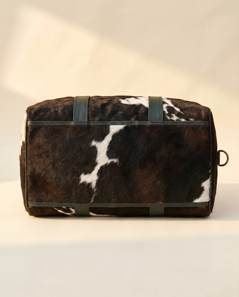 Dark Brown Hair-On Duffle – Wraparound Green Leather Straps