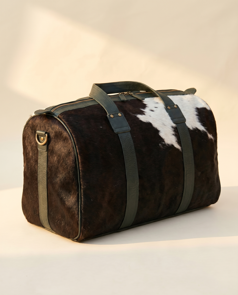 Dark Brown Hair-On Duffle – Wraparound Green Leather Straps