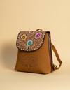 Tan Suede Backpack – Painted Floral Flap & Black Longhorn Embroidery