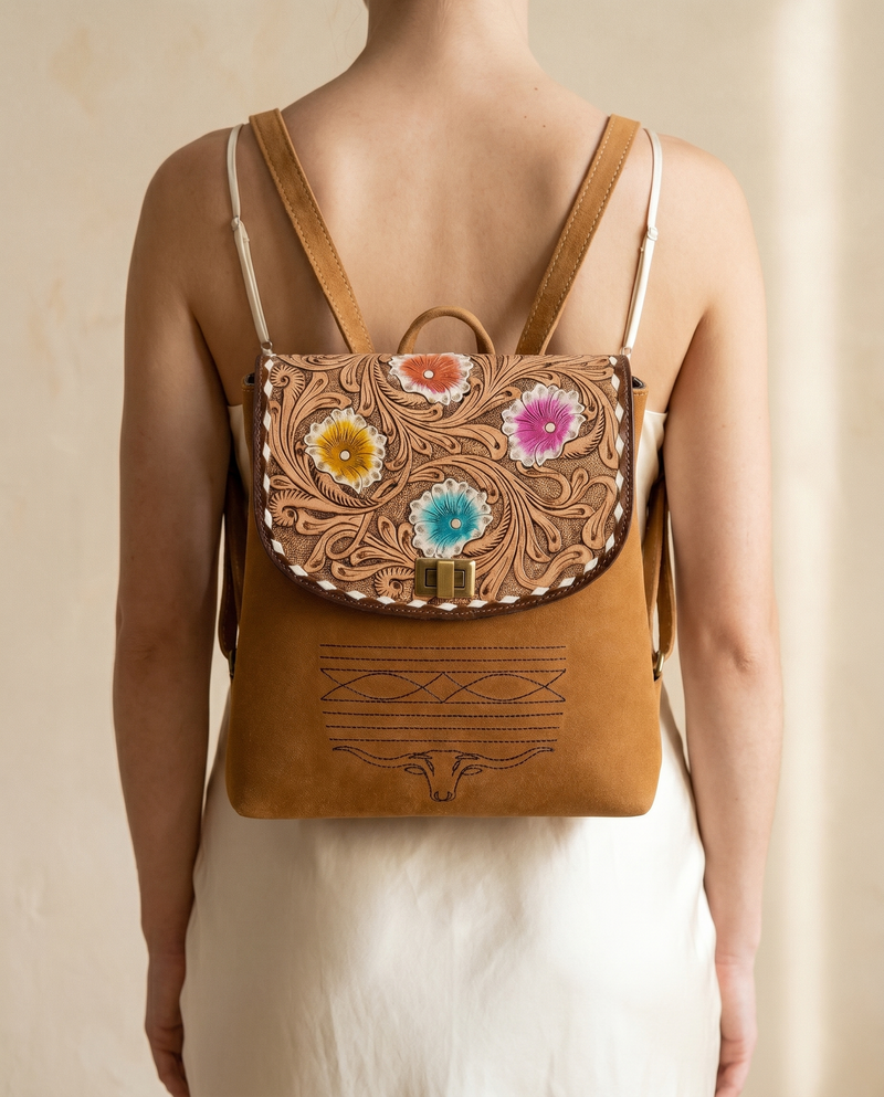Tan Suede Backpack – Painted Floral Flap & Black Longhorn Embroidery