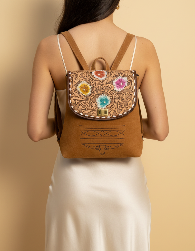 Tan Suede Backpack – Painted Floral Flap & Black Longhorn Embroidery
