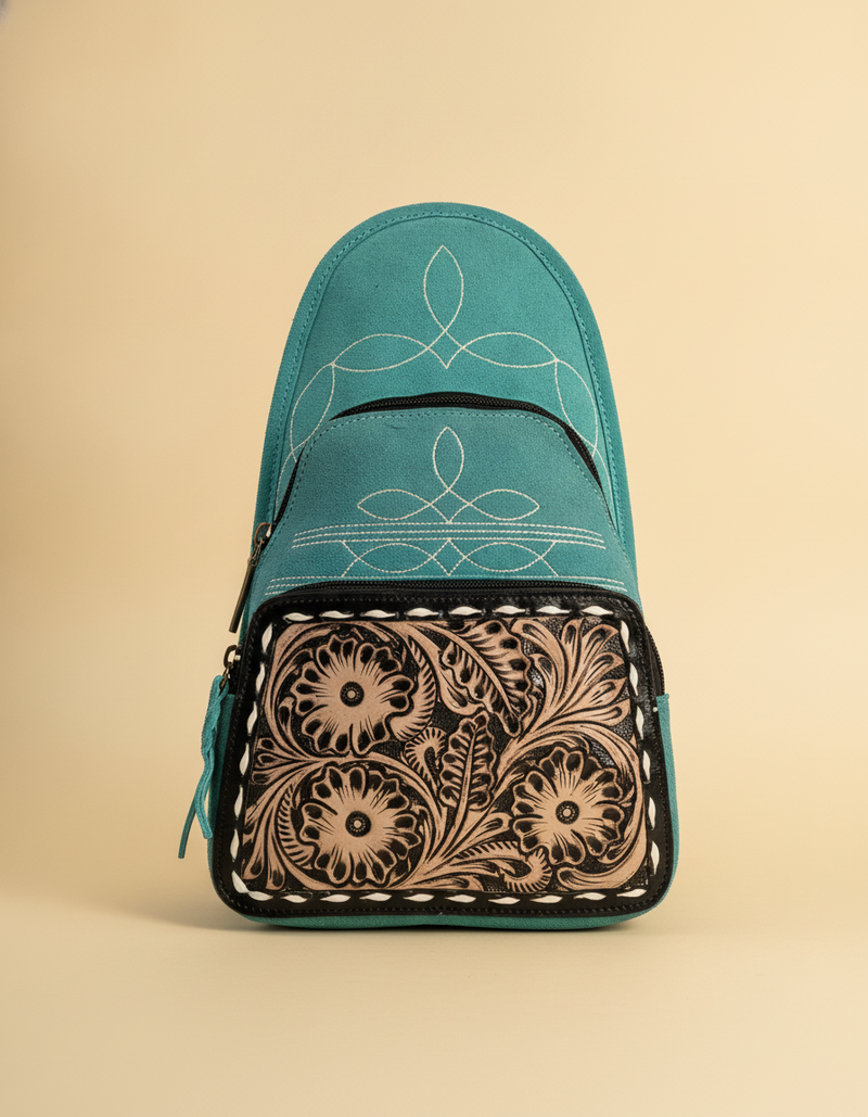 Turquoise Suede Tooled Leather Backpack – Black Floral Carving