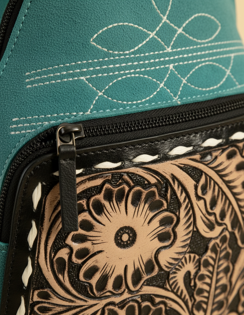 Turquoise Suede Tooled Leather Backpack – Black Floral Carving