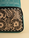 Turquoise Suede Tooled Leather Backpack – Black Floral Carving