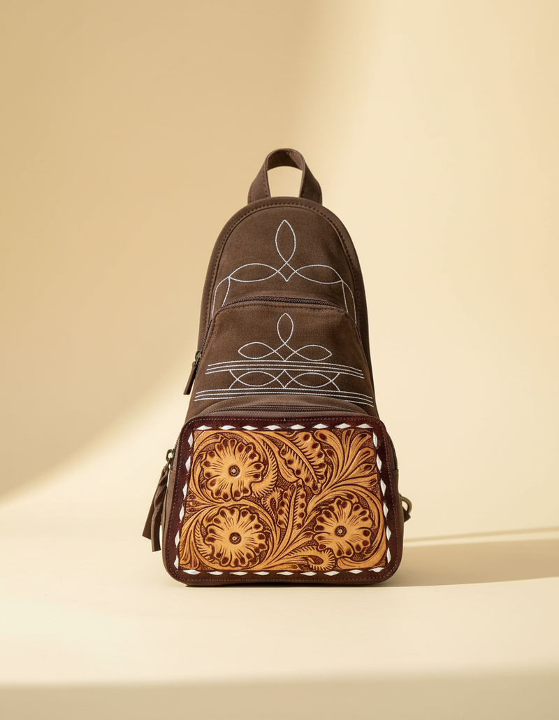 Brown Suede Tooled Leather Backpack – Bootstitch Embroidery