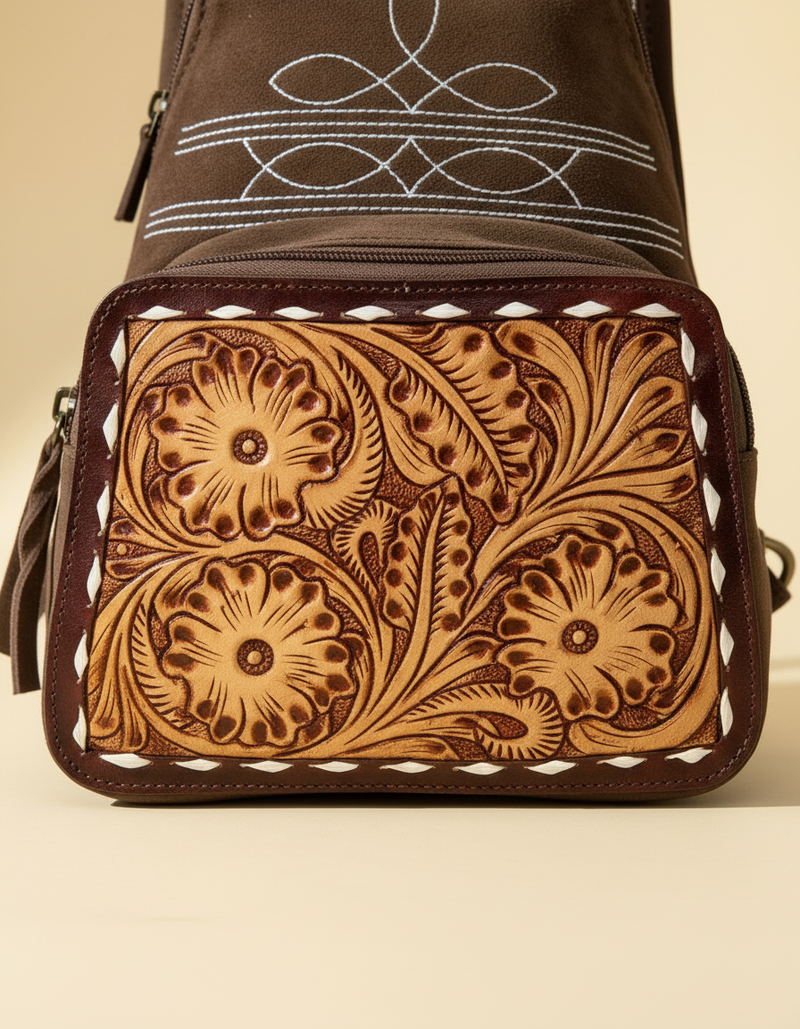 Brown Suede Tooled Leather Backpack – Bootstitch Embroidery