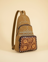 Camel Suede Tooled Leather Backpack – Burgundy Buckstitch Frame