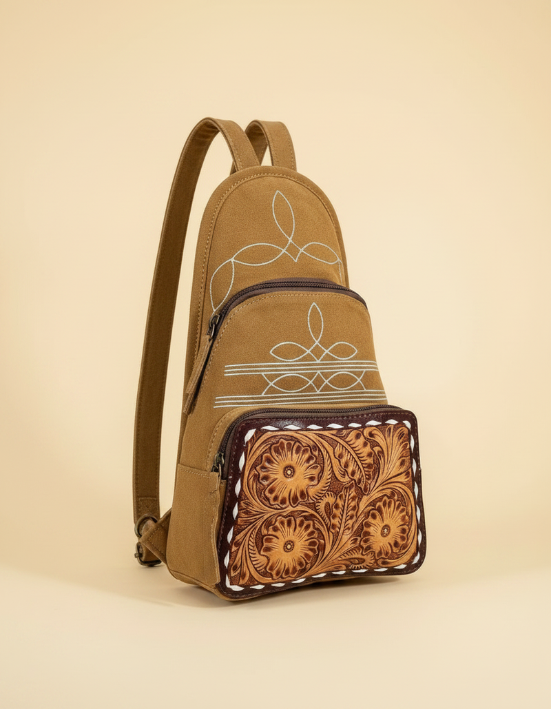 Camel Suede Tooled Leather Backpack – Burgundy Buckstitch Frame