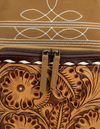 Camel Suede Tooled Leather Backpack – Burgundy Buckstitch Frame
