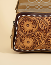 Camel Suede Tooled Leather Backpack – Burgundy Buckstitch Frame