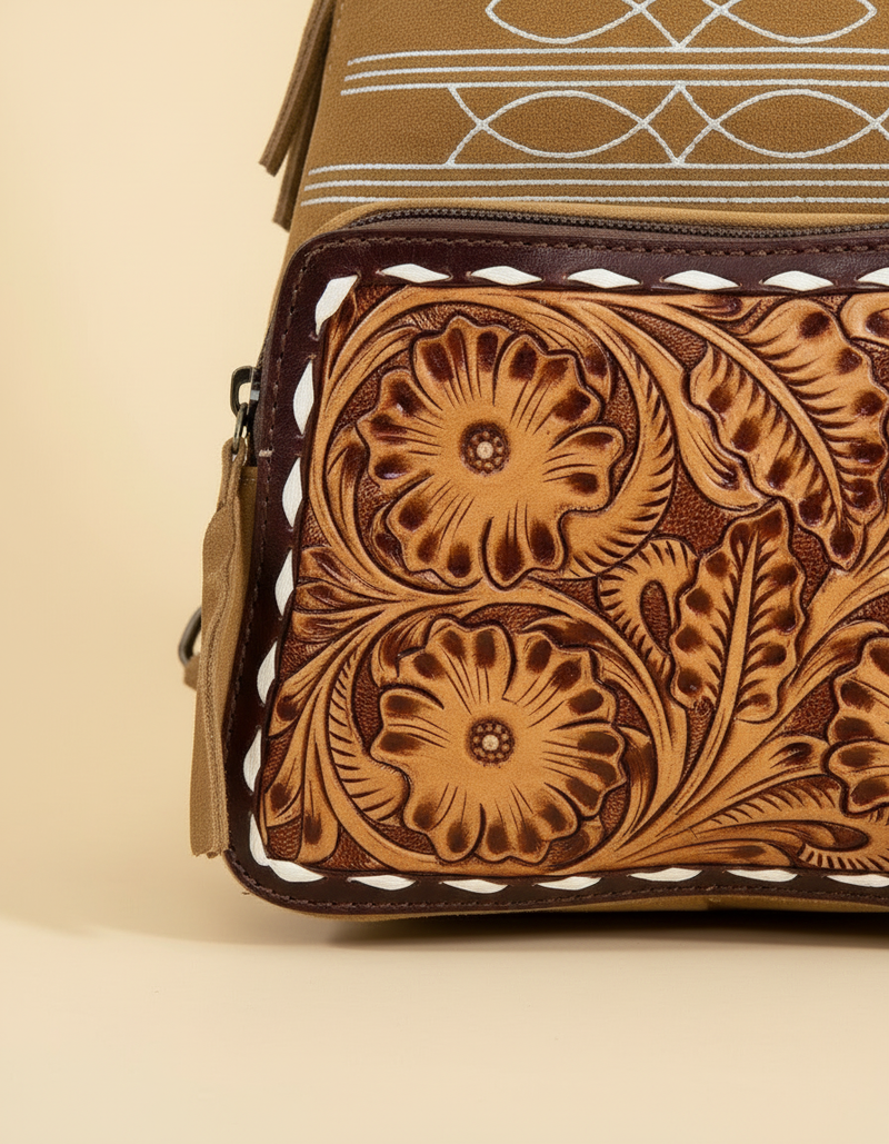 Camel Suede Tooled Leather Backpack – Burgundy Buckstitch Frame