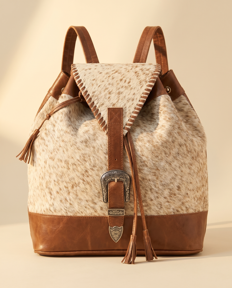Cream and Tan Hair-On Leather Backpack – Silver Buckle Drawstring