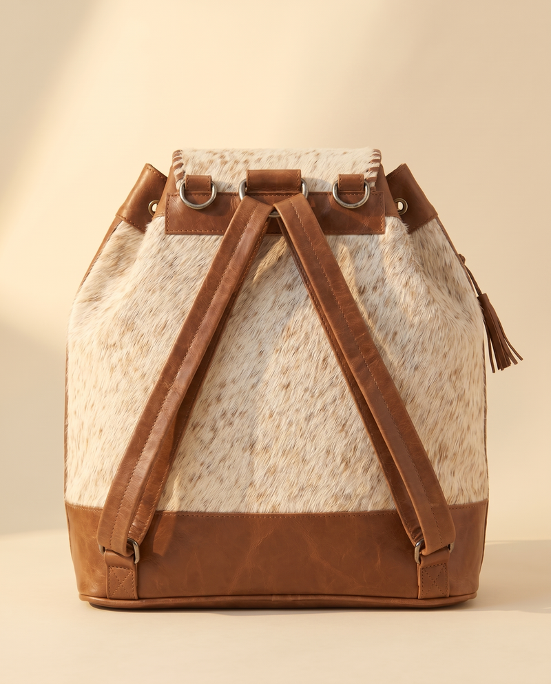 Cream and Tan Hair-On Leather Backpack – Silver Buckle Drawstring