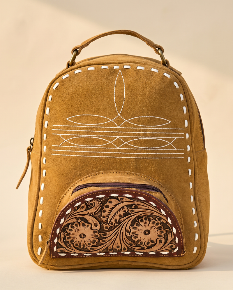 Tan Suede Leather Backpack – Bootstitch and Hand-Tooled Pocket