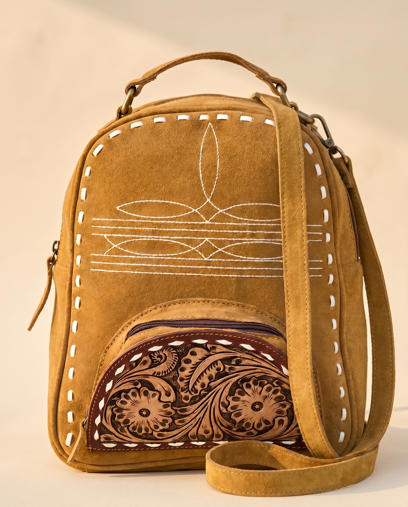 Tan Suede Leather Backpack – Bootstitch and Hand-Tooled Pocket
