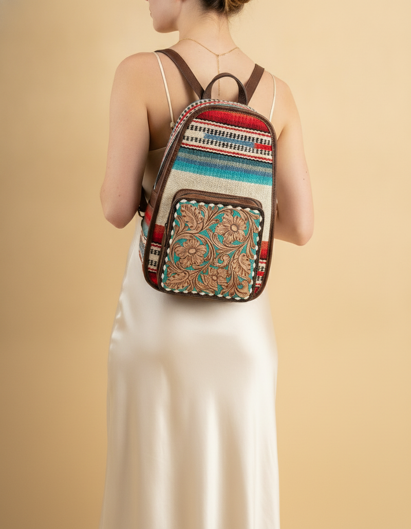 Red and Turquoise Serape Leather Backpack – Tooled Floral Pocket