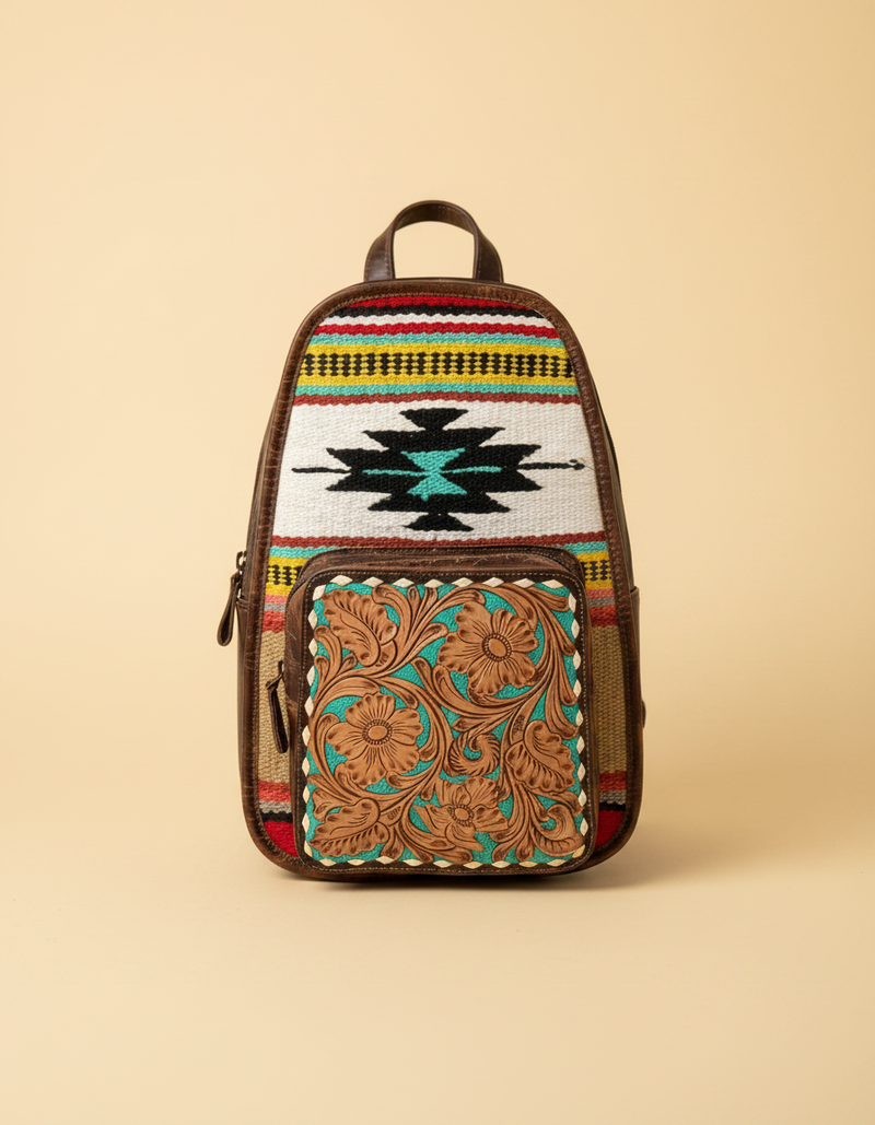 Brown Leather Backpack – Southwestern Weave & Turquoise Tooled Pocket
