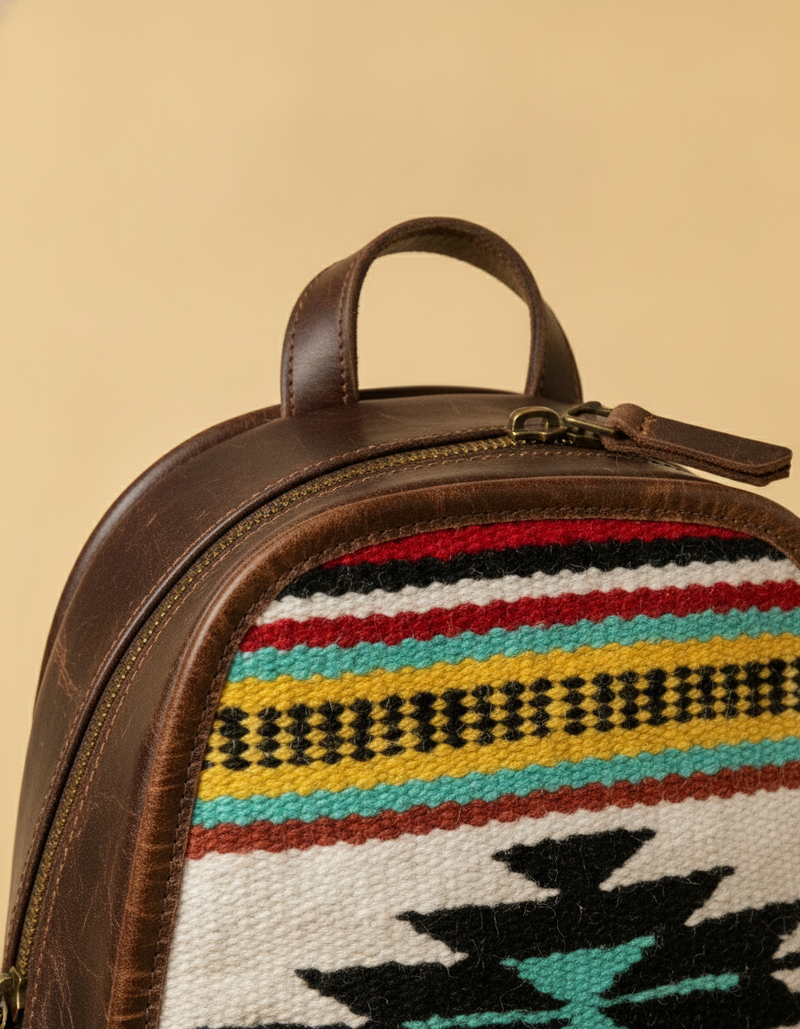 Brown Leather Backpack – Southwestern Weave & Turquoise Tooled Pocket