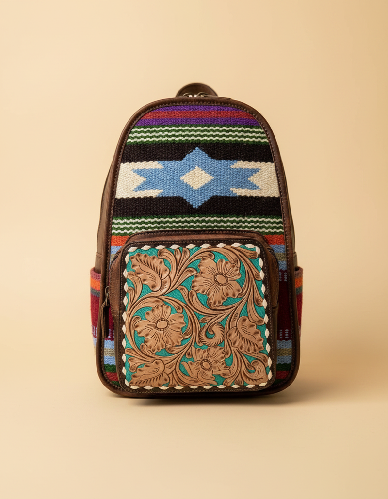 Blue Star Weave Leather Backpack – Turquoise Tooled Floral Pocket