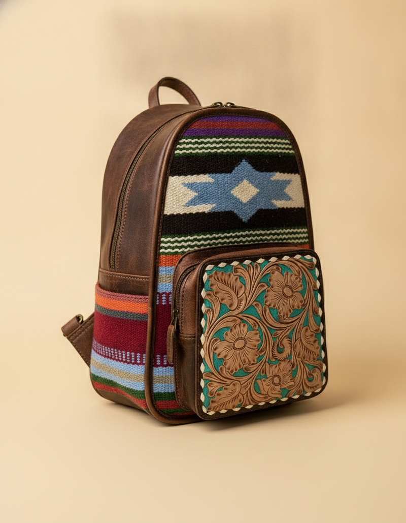 Blue Star Weave Leather Backpack – Turquoise Tooled Floral Pocket