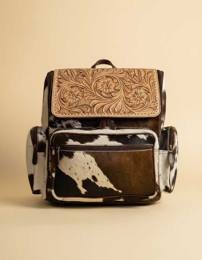 Tricolor Hair-On Leather Backpack – Tooled Floral Top Panel