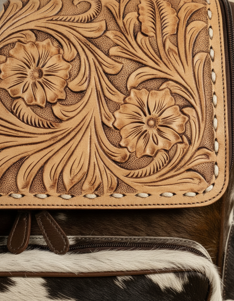 Tricolor Hair-On Leather Backpack – Tooled Floral Top Panel
