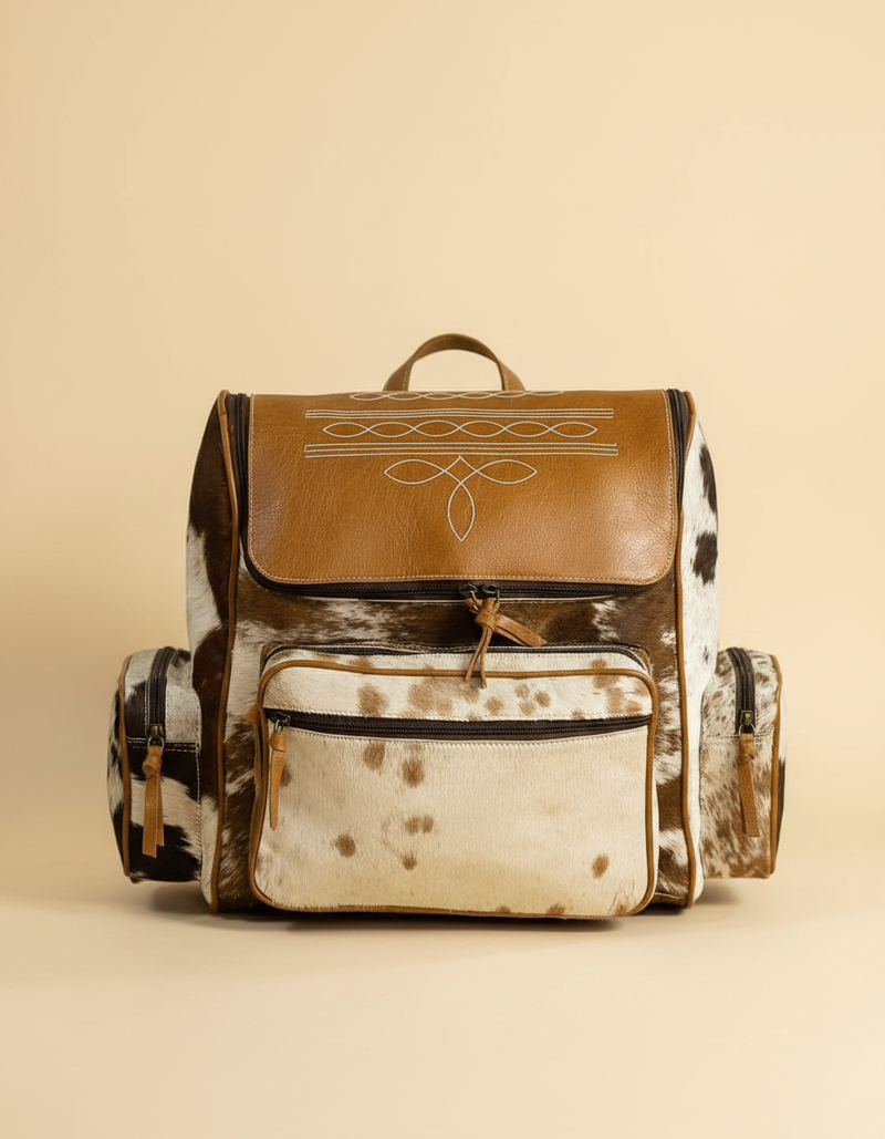 Brown and White Hair-On Leather Backpack – Boot Stitch Top Panel