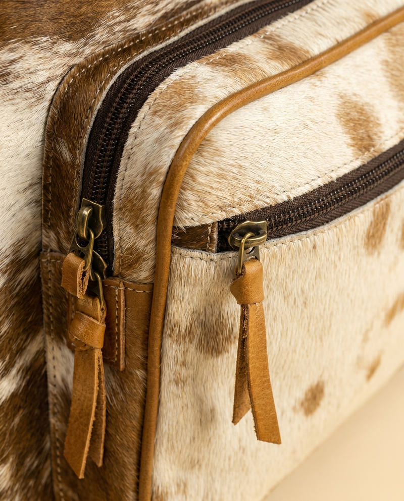 Brown and White Hair-On Leather Backpack – Boot Stitch Top Panel