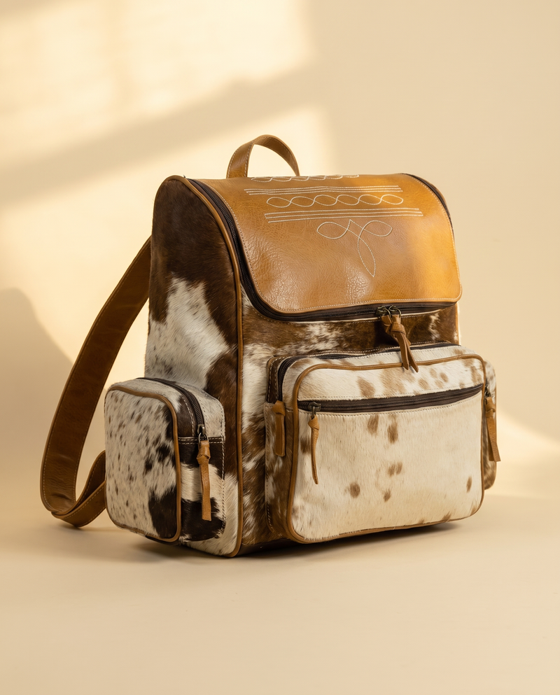 Brown and White Hair-On Leather Backpack – Boot Stitch Top Panel