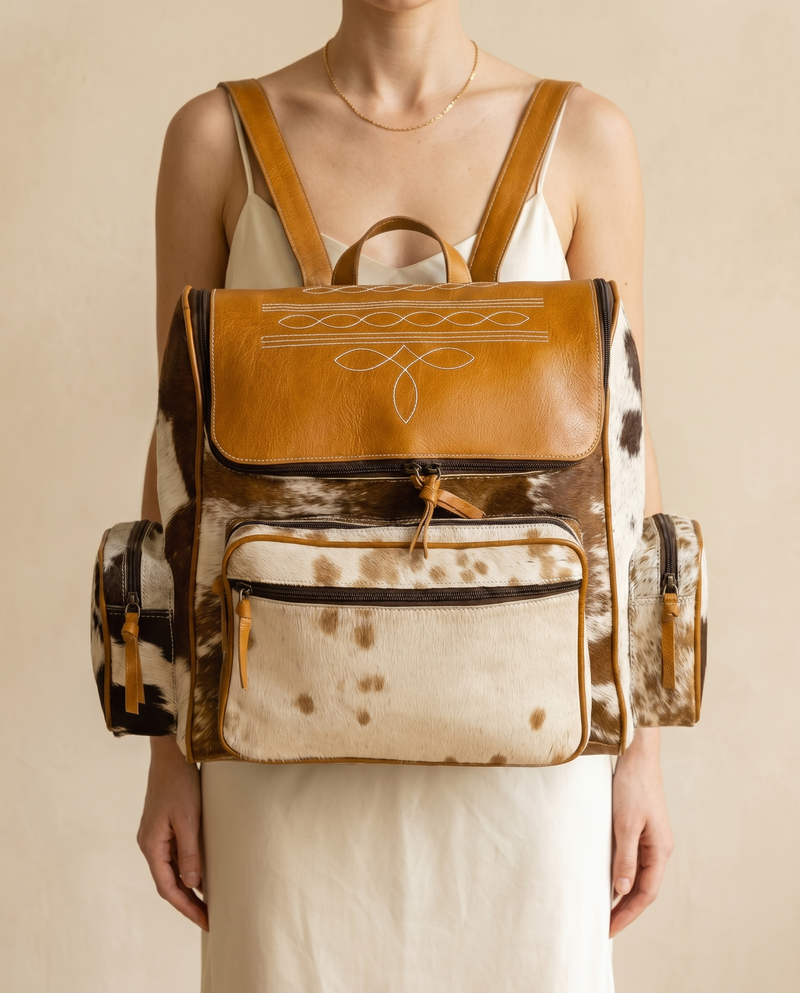 Brown and White Hair-On Leather Backpack – Boot Stitch Top Panel