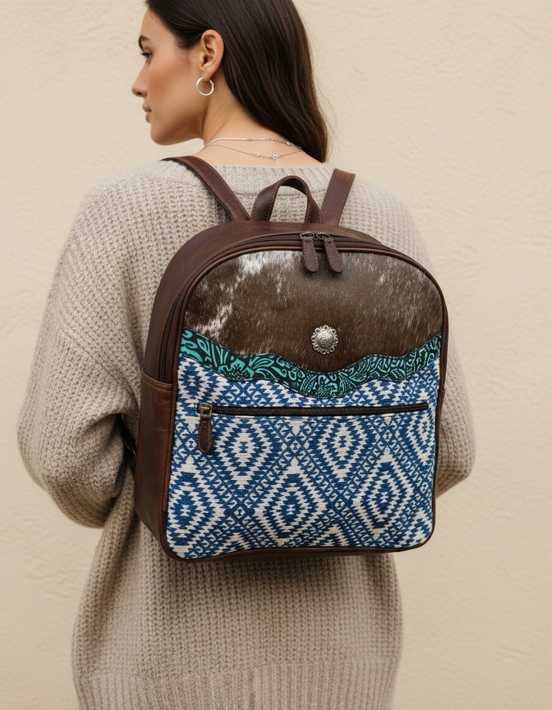 Brown Hair-On Leather Backpack – Blue Aztec Weave and Concho