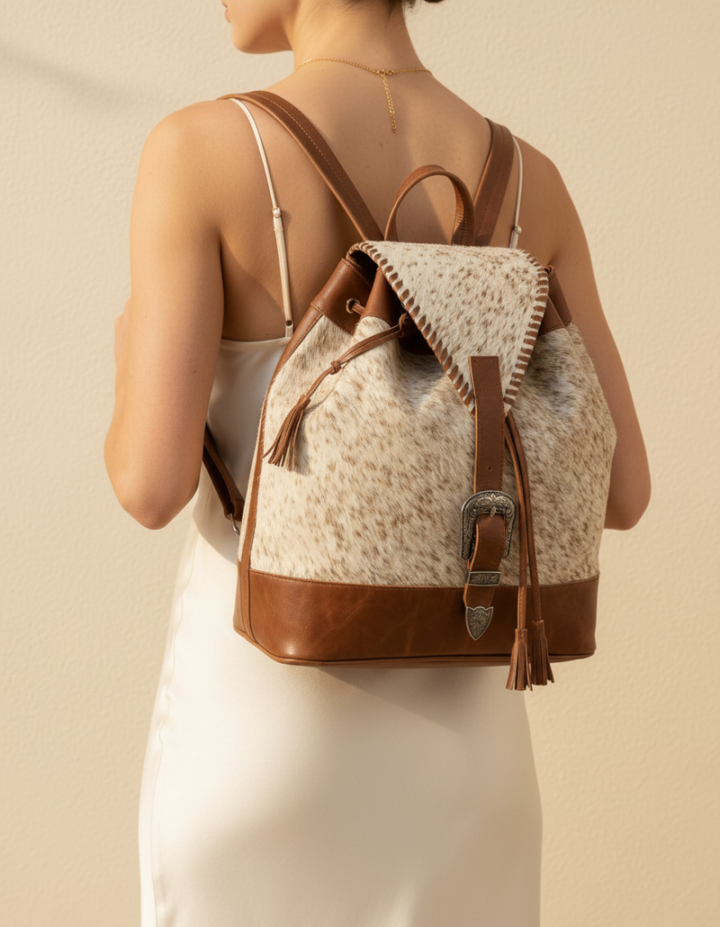 Cream and Tan Hair-On Leather Backpack – Silver Buckle Drawstring