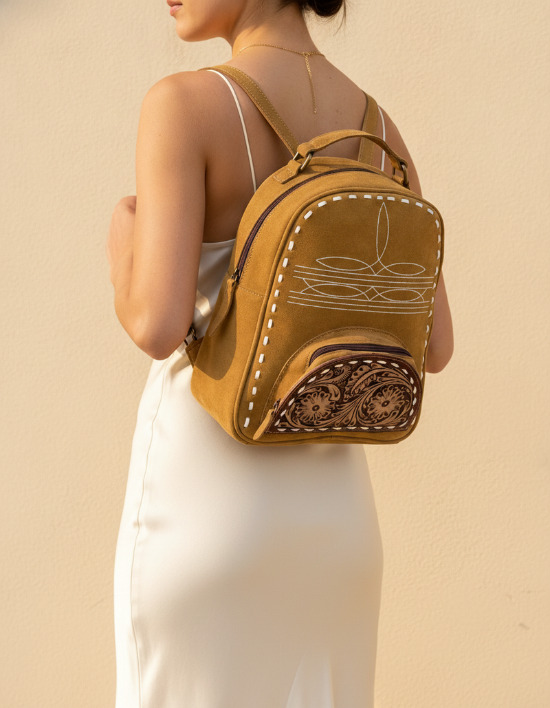 Tan Suede Leather Backpack – Bootstitch and Hand-Tooled Pocket