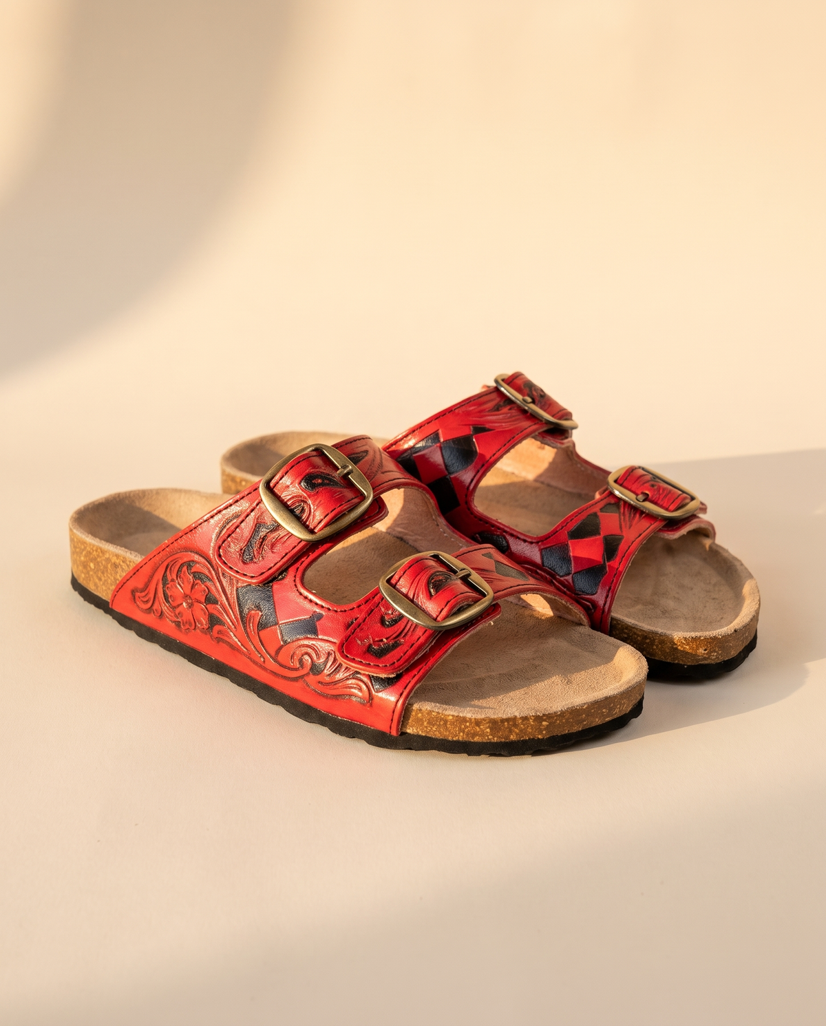 Pair of red diamond tooled leather slide sandals, front view
