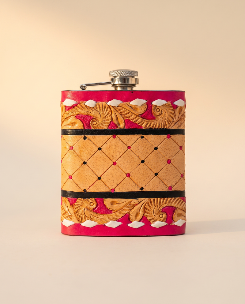 Pink Tooled Leather Flask – Floral Scroll and Diamond Lattice