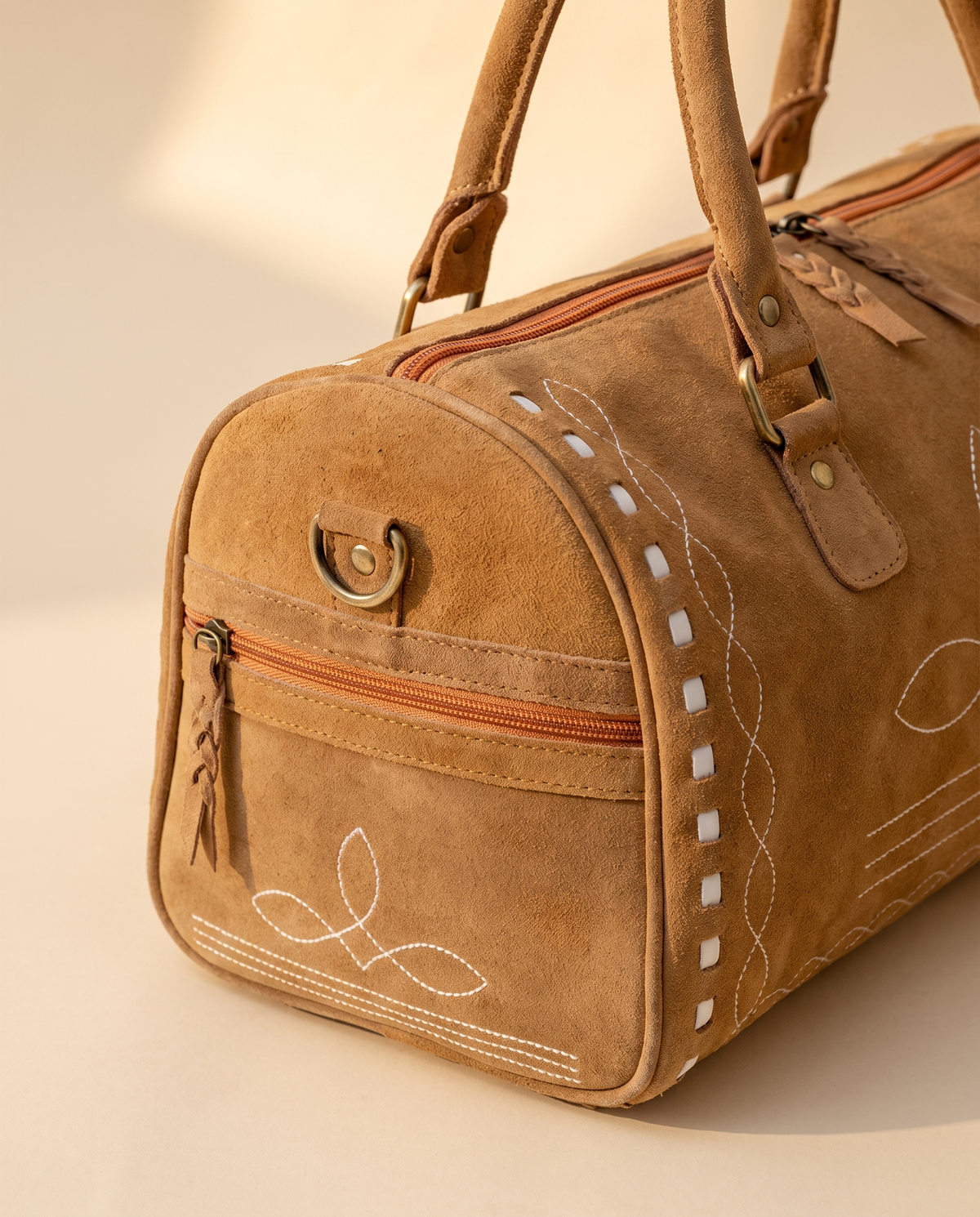 Brown Suede Bootstitch Barrel Bag – White Buckstitch Trim