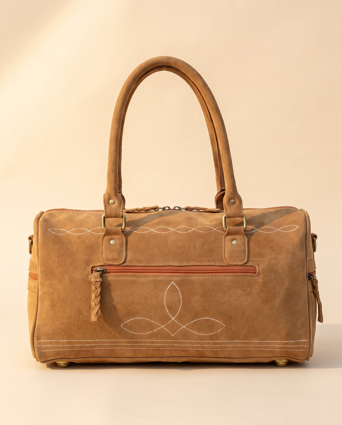 Brown Suede Bootstitch Barrel Bag – White Buckstitch Trim