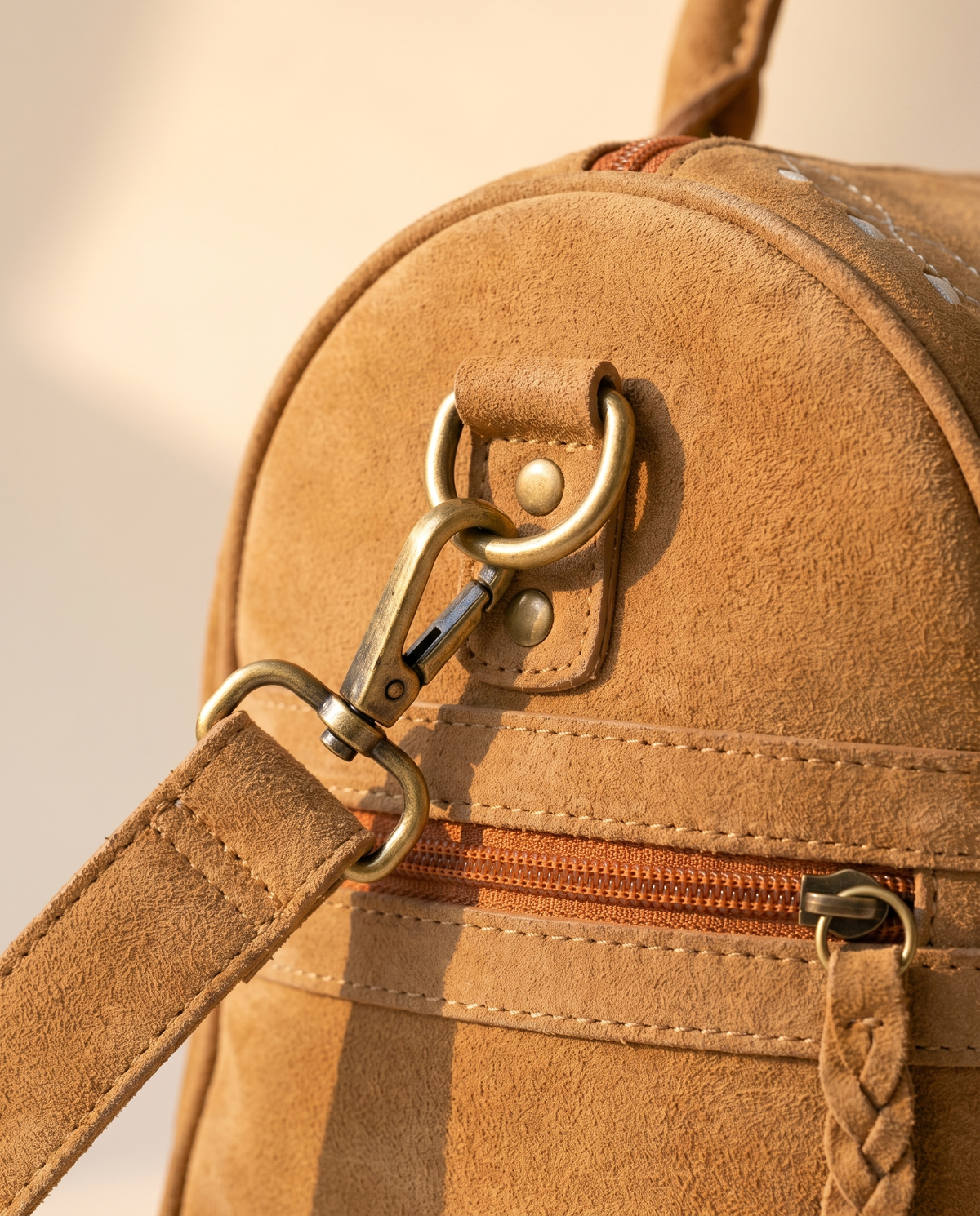 Brown Suede Bootstitch Barrel Bag – White Buckstitch Trim