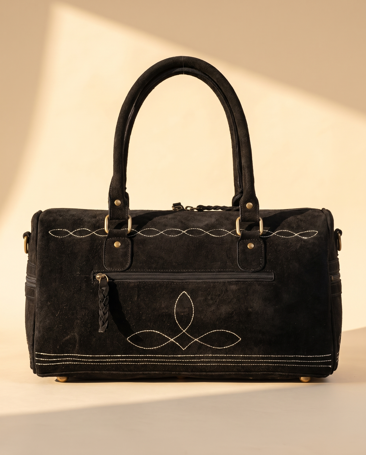 Brown Suede Bootstitch Barrel Bag – White Buckstitch Trim