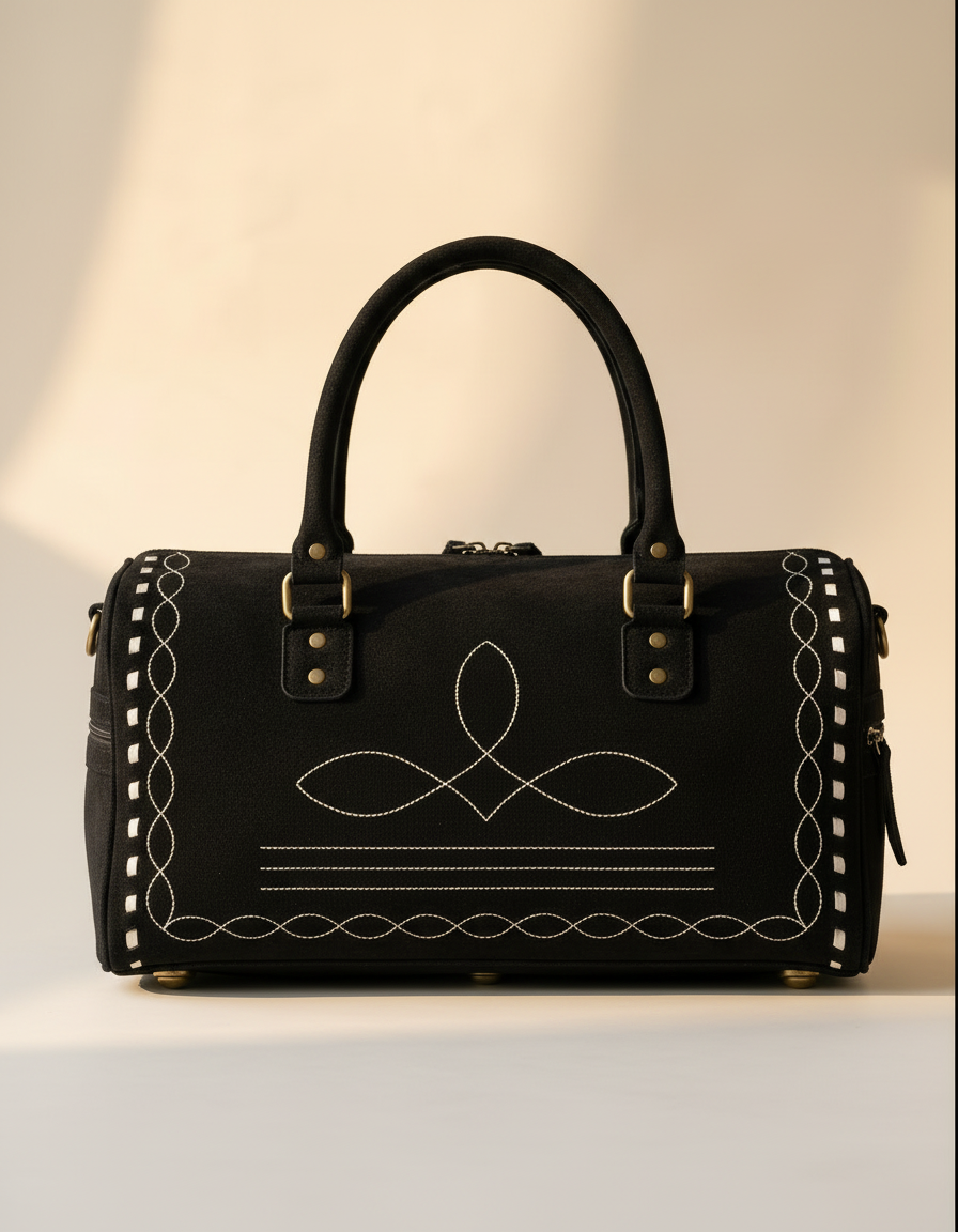 Brown Suede Bootstitch Barrel Bag – White Buckstitch Trim