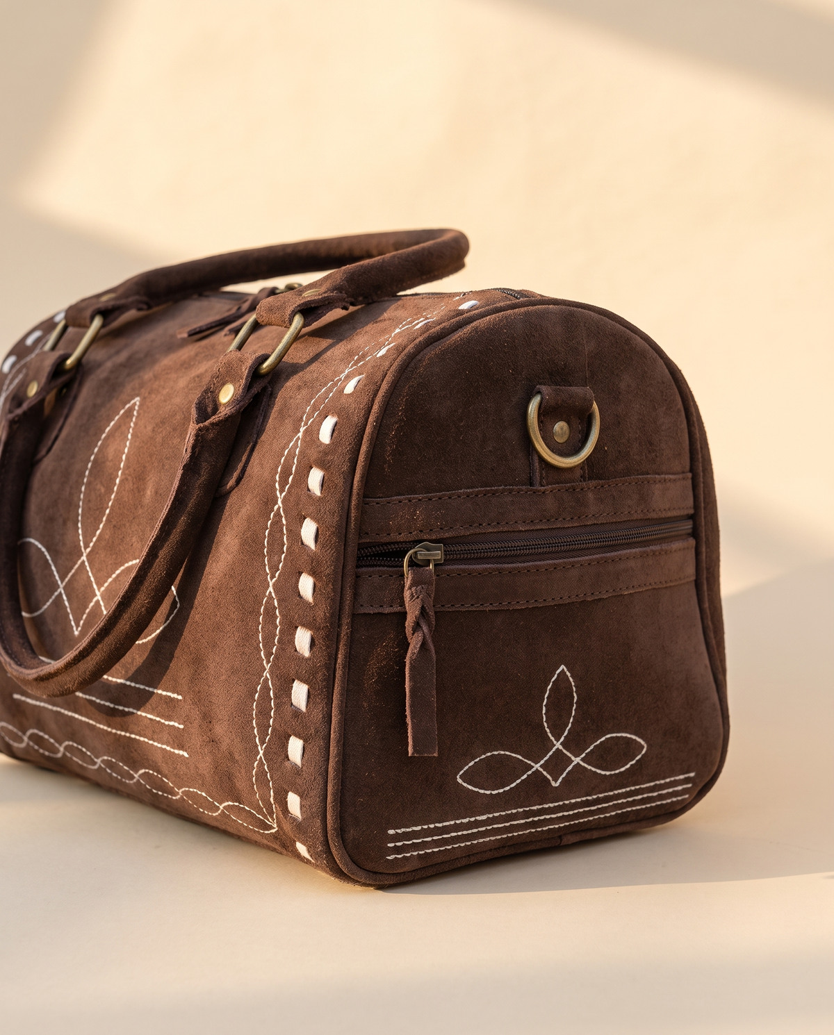 Brown Suede Bootstitch Barrel Bag – White Buckstitch Trim