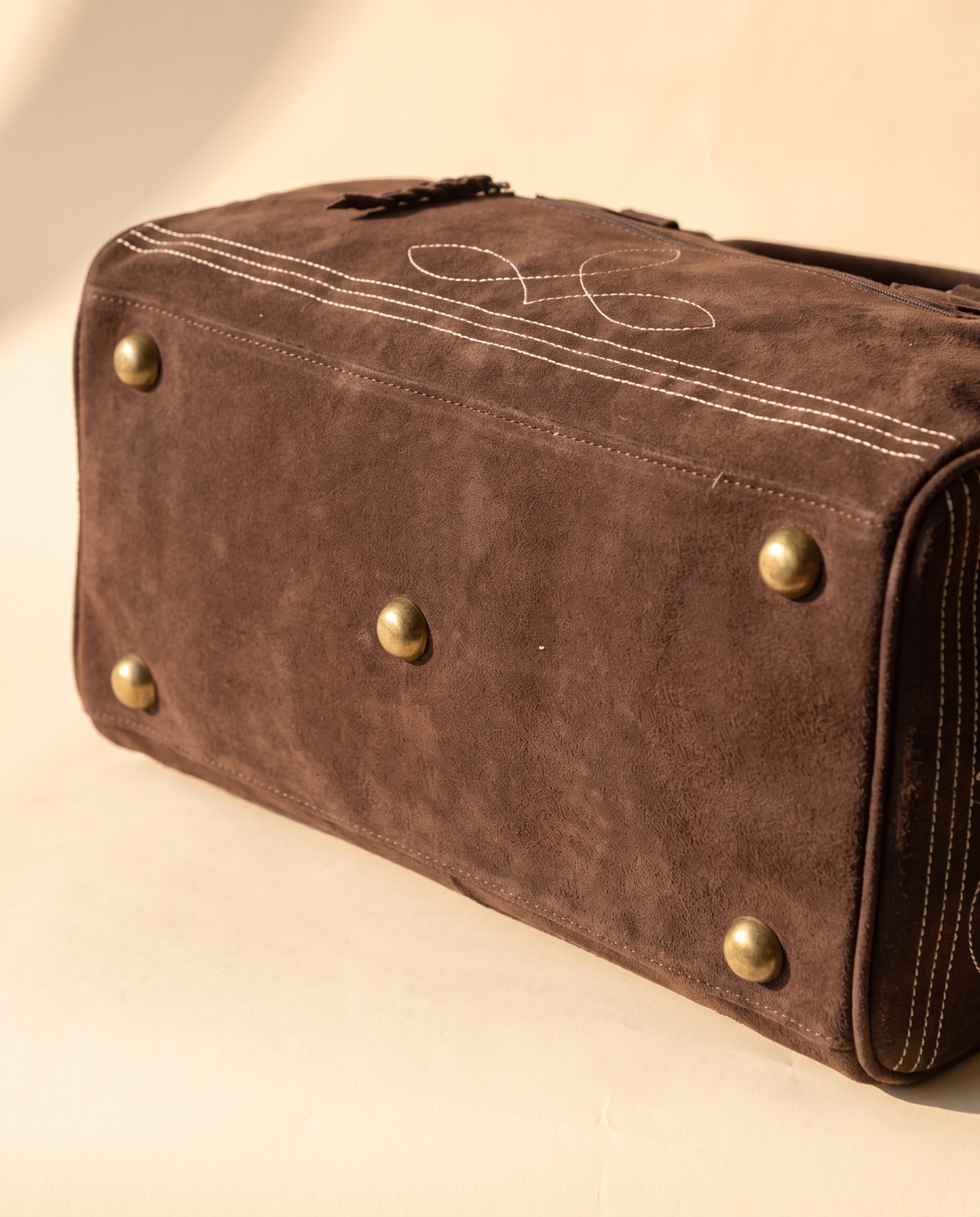 Brown Suede Bootstitch Barrel Bag – White Buckstitch Trim