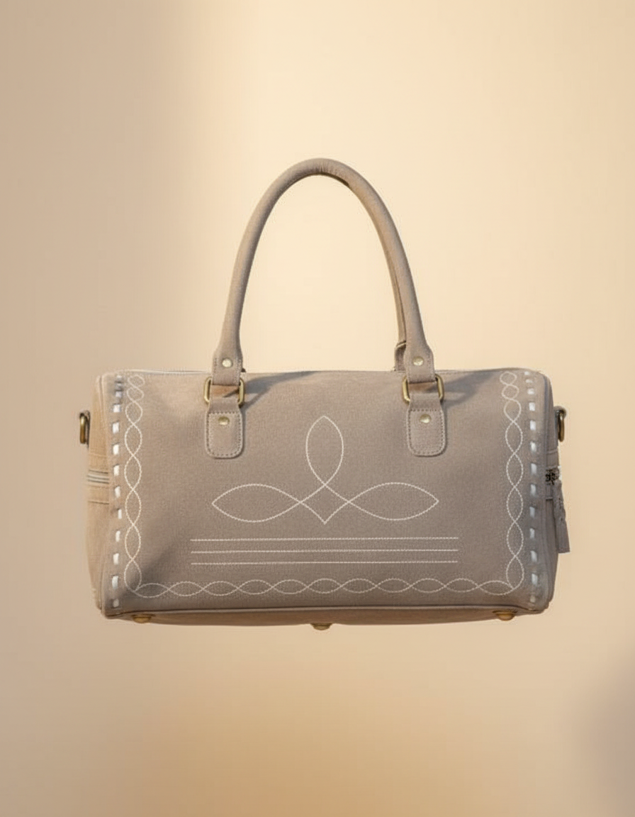 Brown Suede Bootstitch Barrel Bag – White Buckstitch Trim