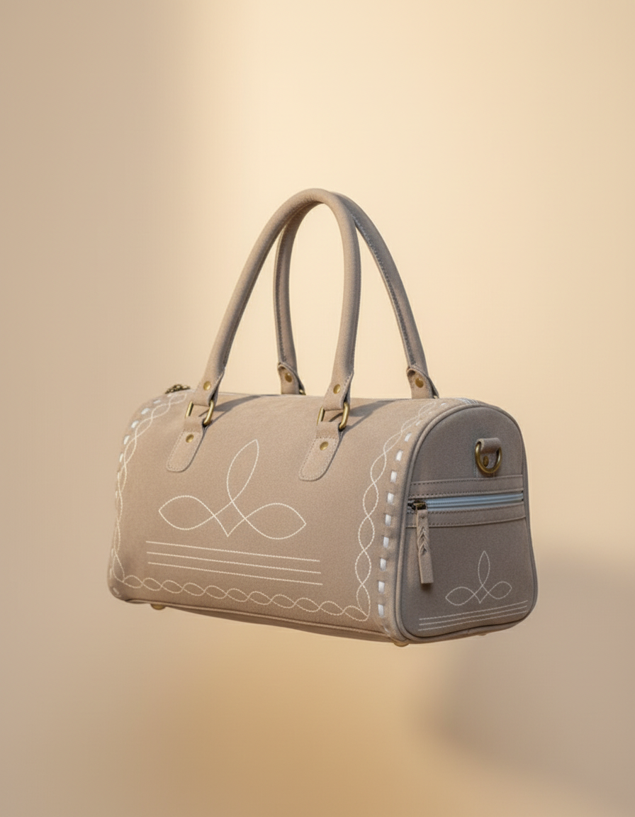 Brown Suede Bootstitch Barrel Bag – White Buckstitch Trim