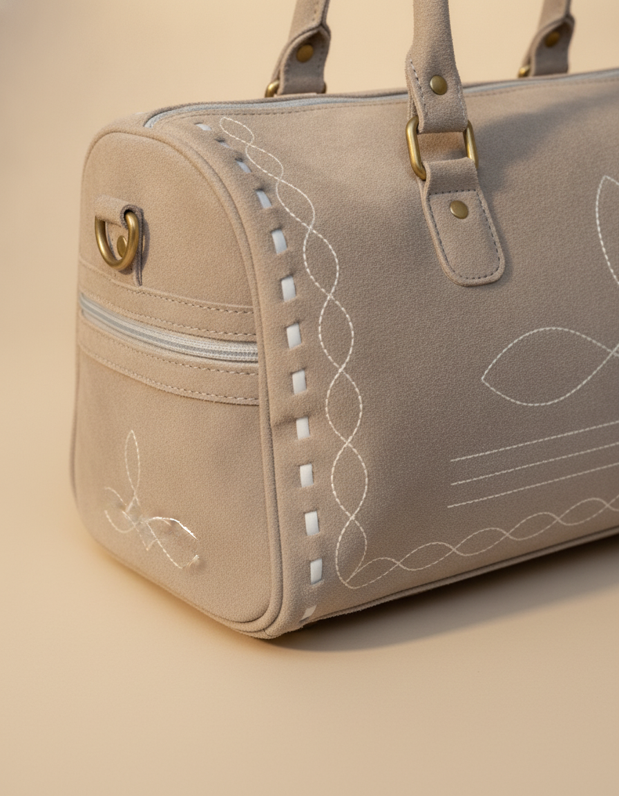 Brown Suede Bootstitch Barrel Bag – White Buckstitch Trim