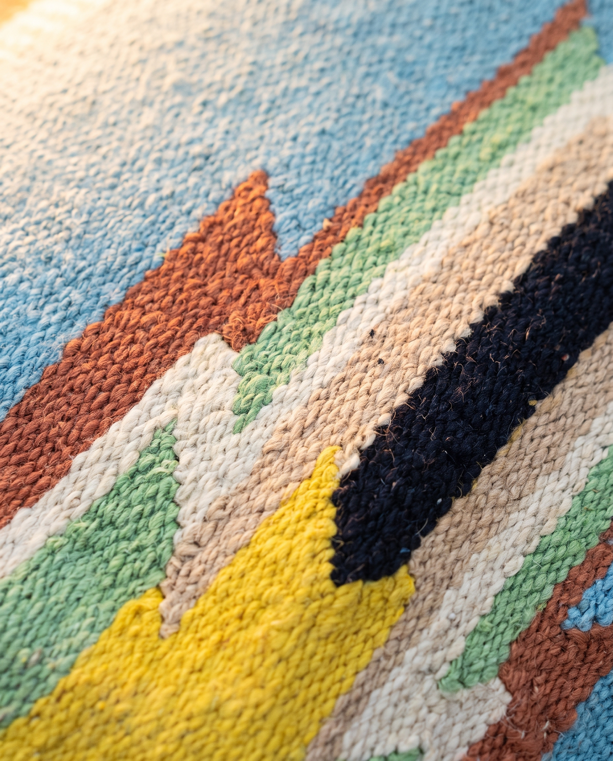 Detail of yellow, green, rose and navy motif woven into sky blue kilim