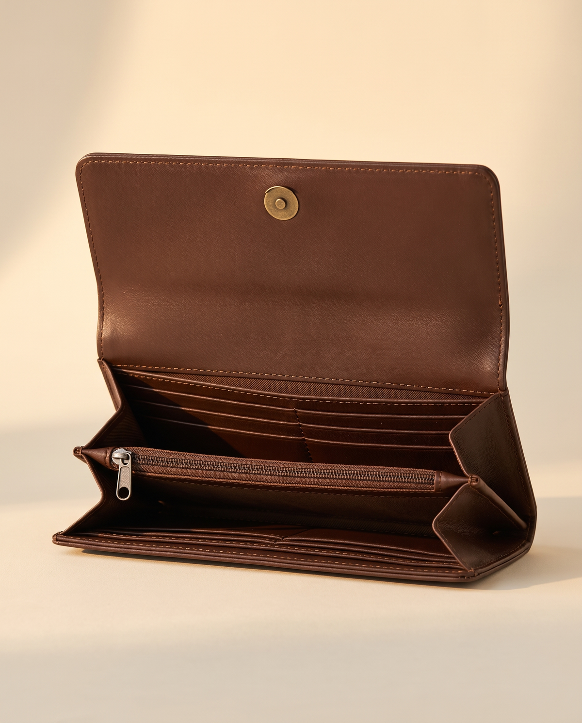 Brown and Turquoise cowhide wallet with bootstitch leather panel, open interior view, by Ya Qalbi
