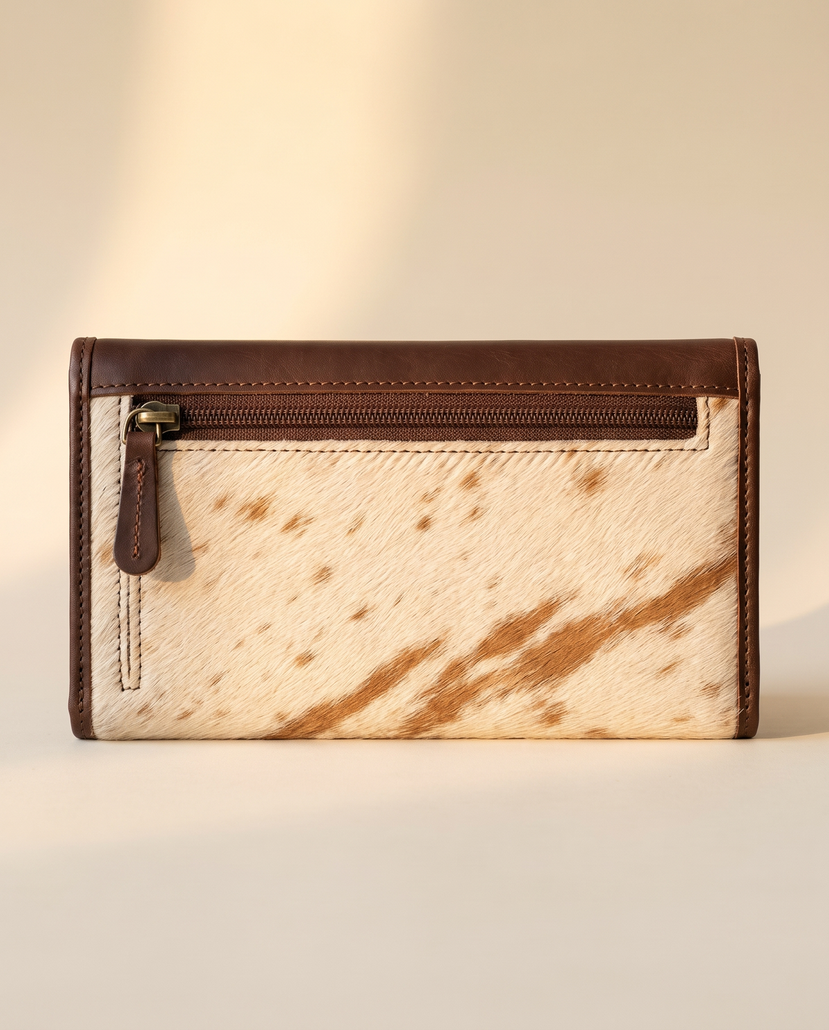 Tan and Black cowhide wallet with bootstitch leather panel, back view, by Ya Qalbi