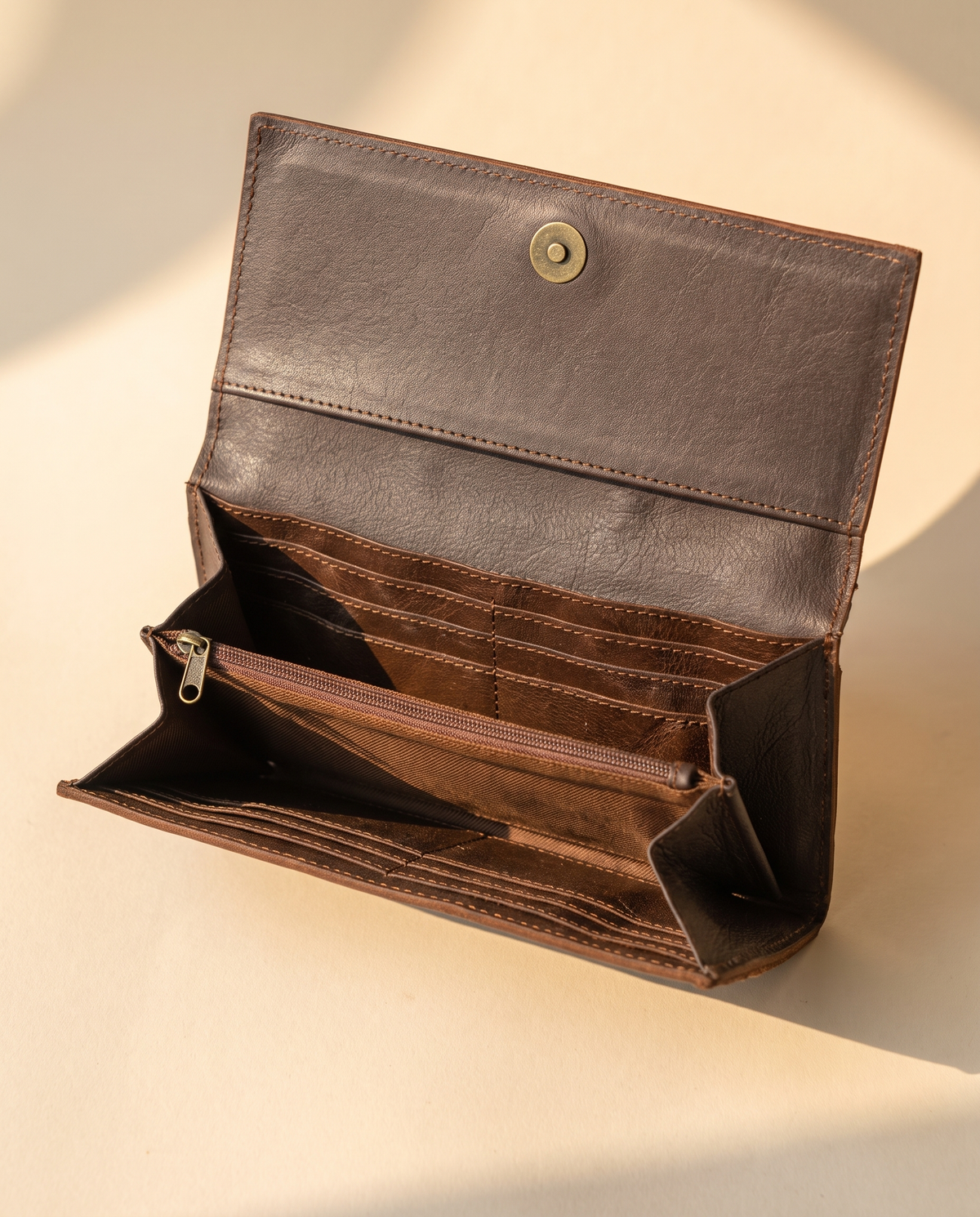 Tan and Black cowhide wallet with bootstitch leather panel, open interior view, by Ya Qalbi