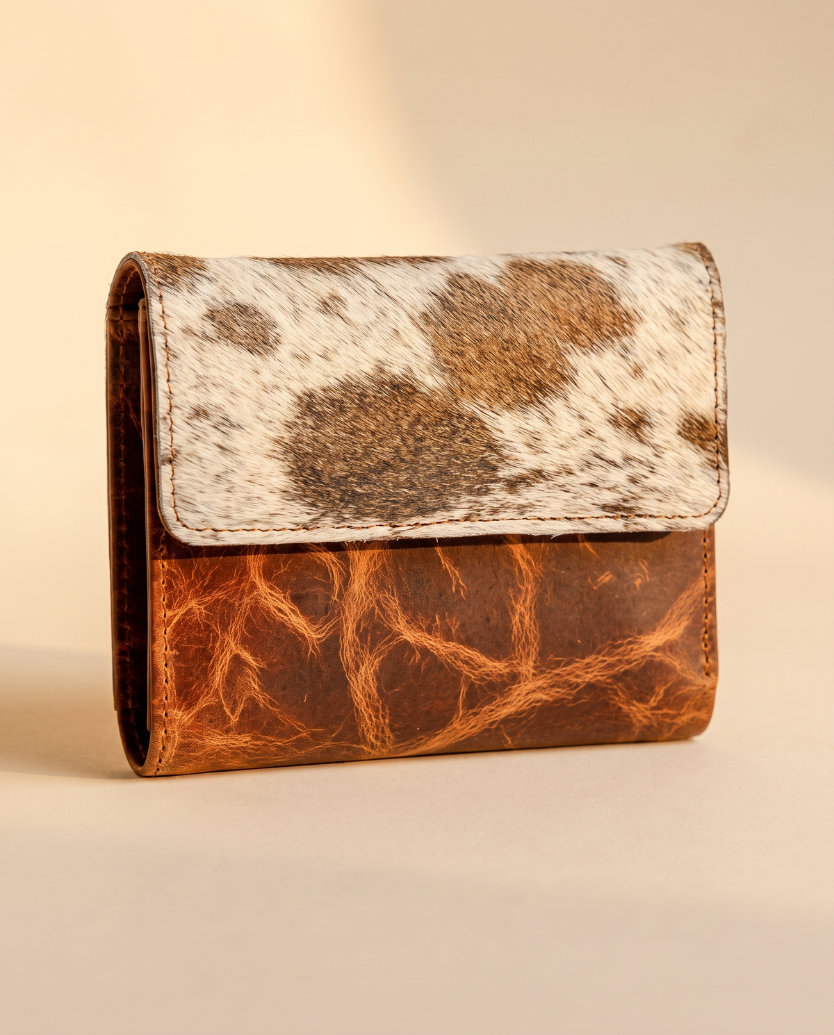 Mini leather wallet with cowhide flap, front view, by Ya Qalbi